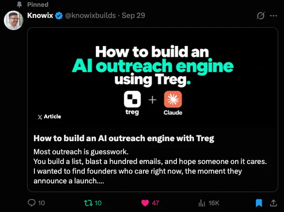 Kitűzött X cikk: How to build an AI outreach engine with Treg, 16 ezer megtekintés