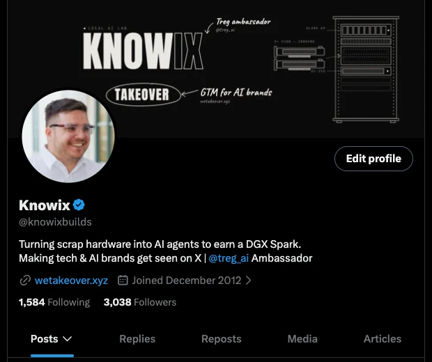 @knowixbuilds X profil „Treg ambassador” felirattal a bannerben és „@treg_ai Ambassador” a bióban